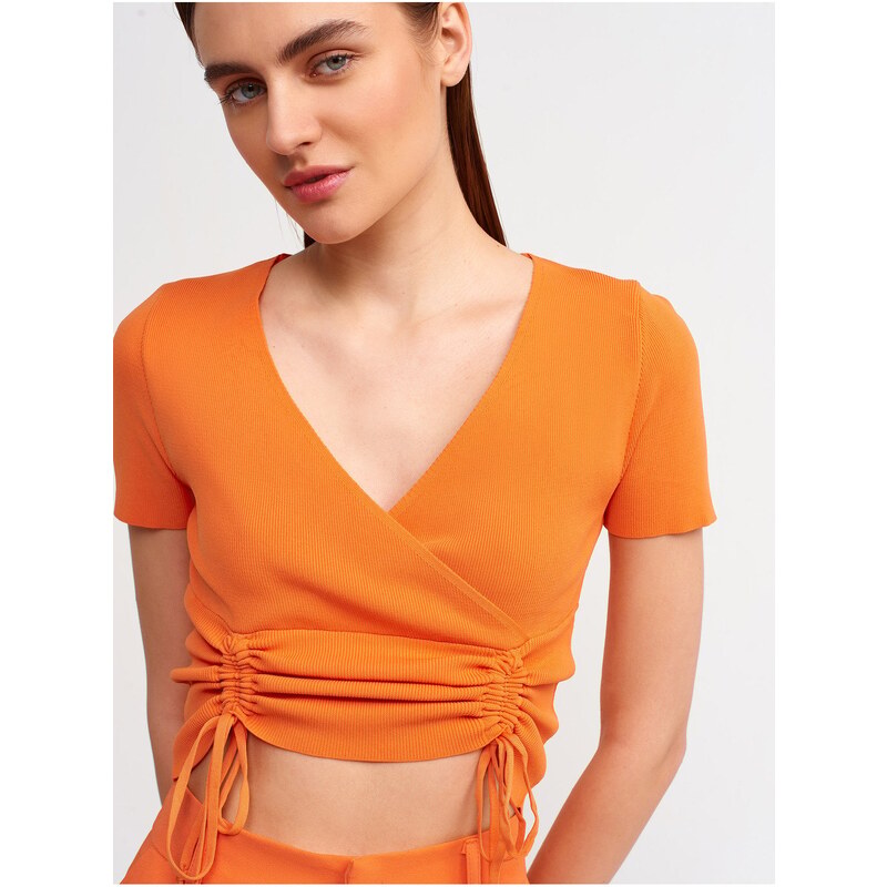 Dilvin 10194 Double-breasted Collar Pleated Front Tricot Crop-orange