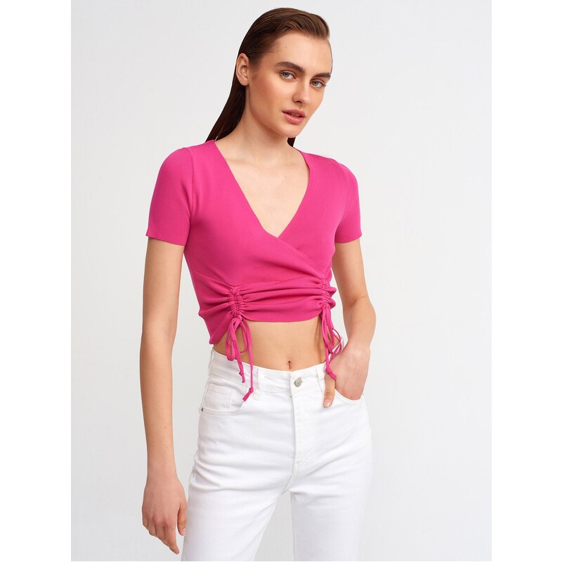 Dilvin 10194 Double-breasted Collar With Gathering in the Front, Knitwear Crop-fuchsia