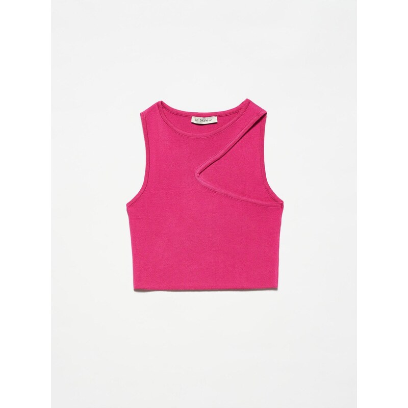 Dilvin 10173 Low-cut Collar Knitwear Crop-fuchsia