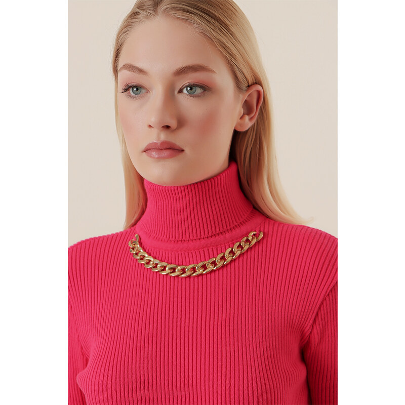 Bigdart 15478 Turtleneck Chain Sweater - Fuchsia