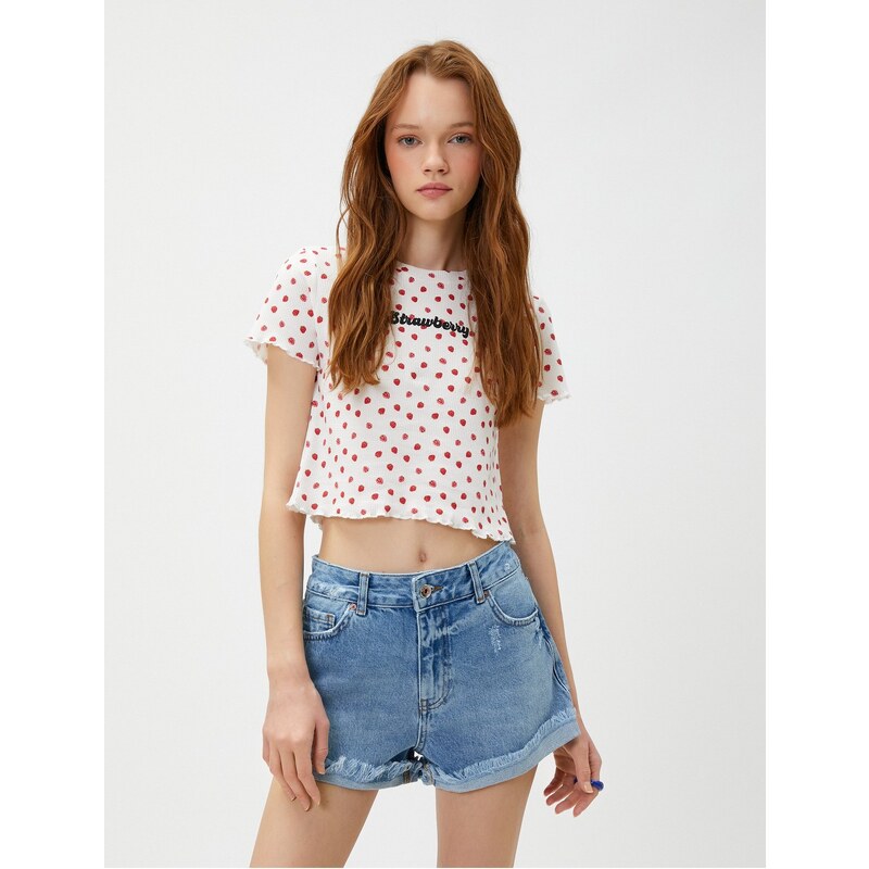 Koton Crop T-Shirt Printed Short Sleeves Crew Neck