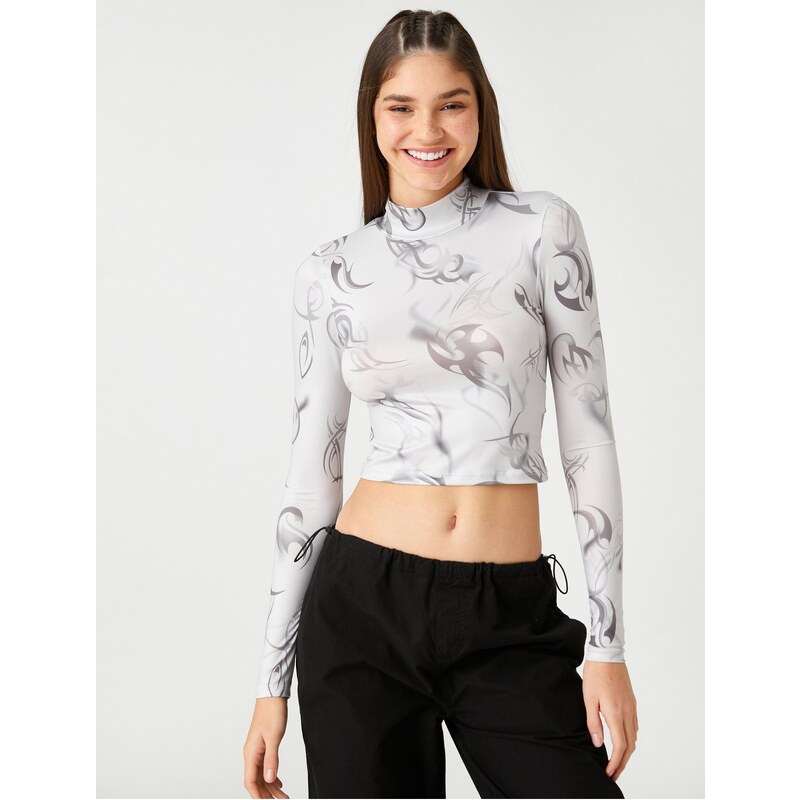 Koton Long-Sleeved T-Shirt Crop Stand-Up Collar Patterned