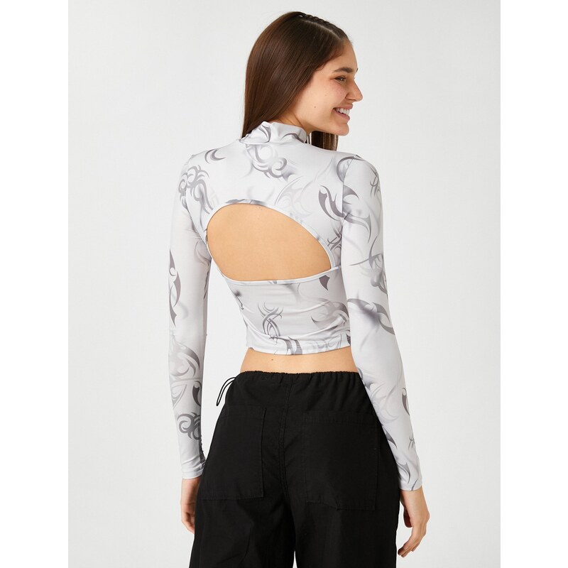 Koton Long-Sleeved T-Shirt Crop Stand-Up Collar Patterned