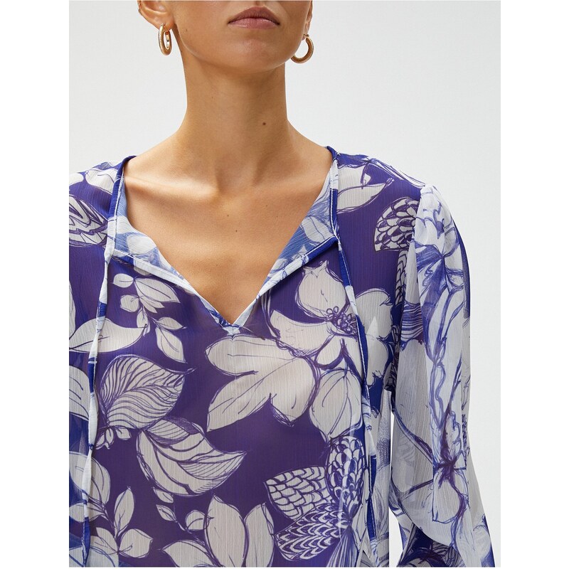 Koton Chiffon Blouse Floral V-Neck