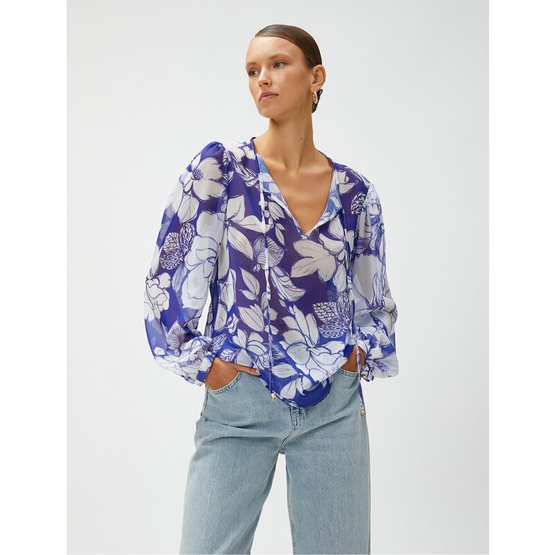 Koton Chiffon Blouse Floral V-Neck