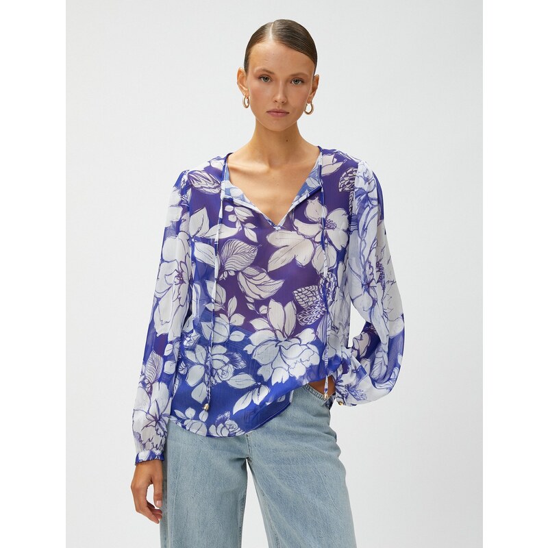 Koton Chiffon Blouse Floral V-Neck