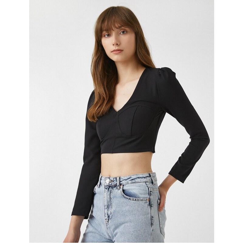 Koton V-Neck Crop Evening Blouse Long Sleeve