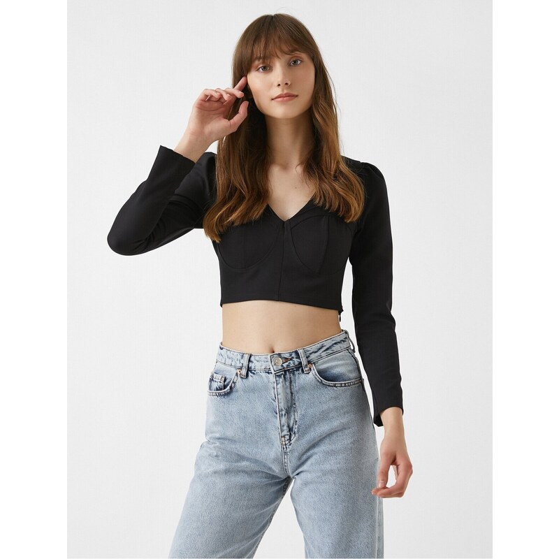 Koton V-Neck Crop Evening Blouse Long Sleeve