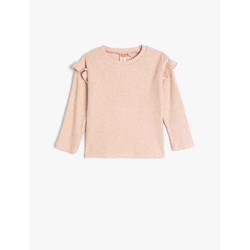 Koton Basic T-shirt with Frill Detailed Long Sleeves Camisole Crew Neck Soft Texture.