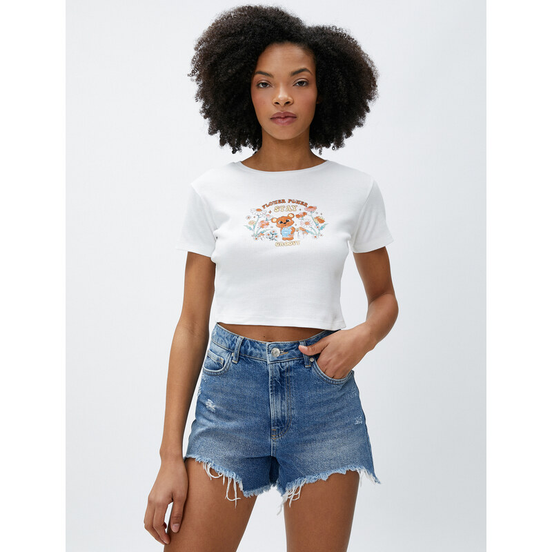 Koton Crop T-Shirt Ribbed Printed Short Sleeves Crew Neck