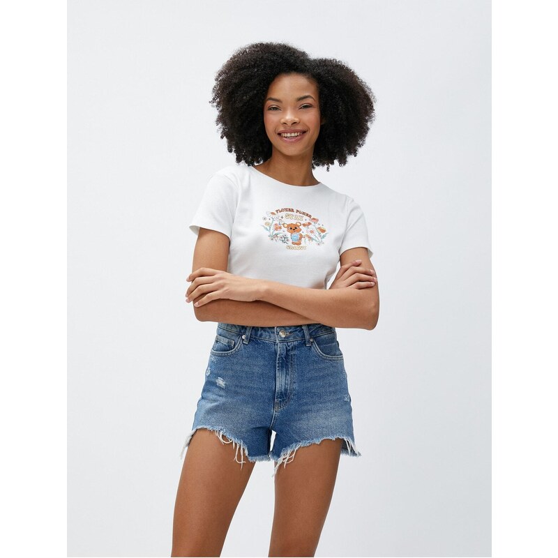 Koton Crop T-Shirt Ribbed Printed Short Sleeves Crew Neck