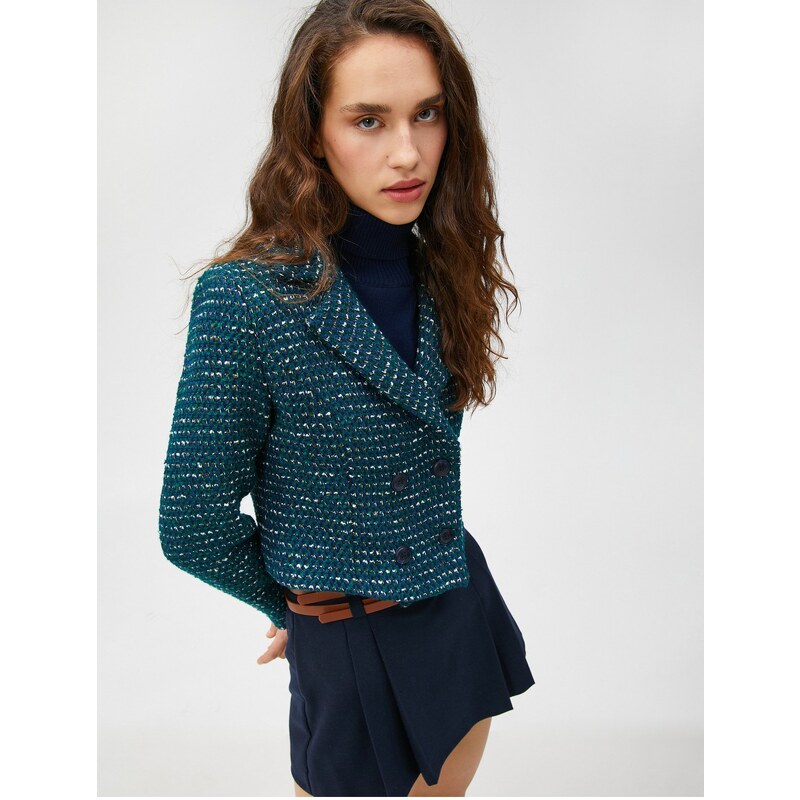 Koton Crop Blazer Tweed Buttoned Lined