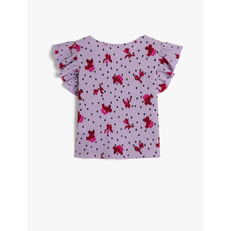 Koton Floral T-Shirt, Textured Round Neck with Ruffles