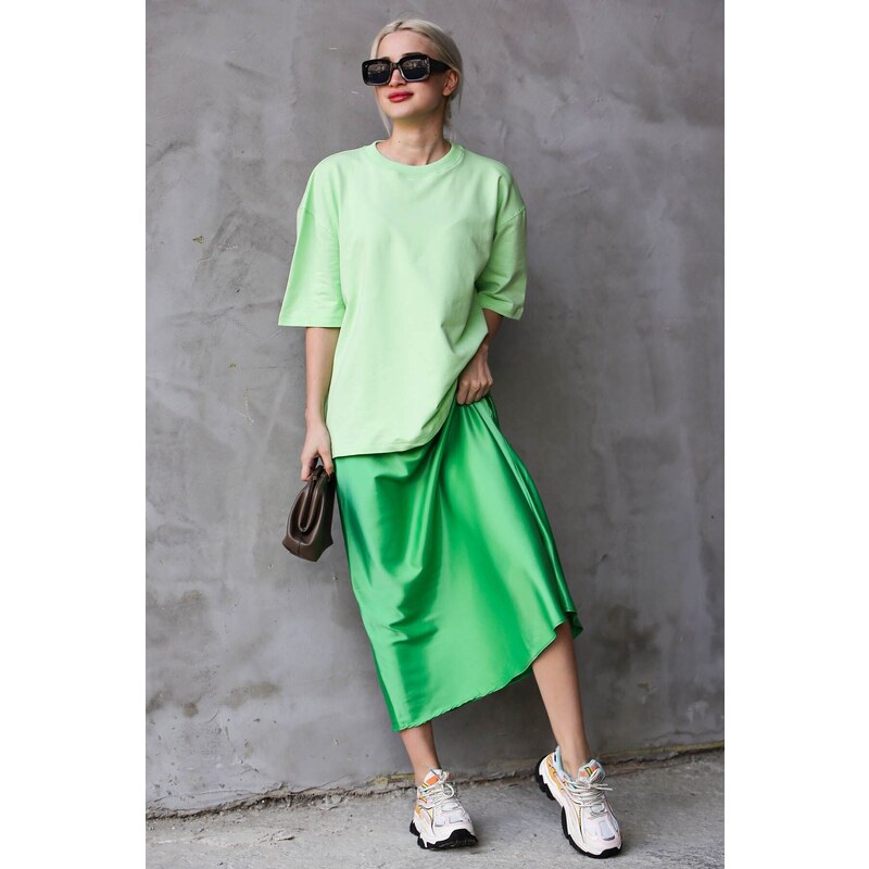 Madmext Light Green Crew Neck Basic Oversized T-shirt