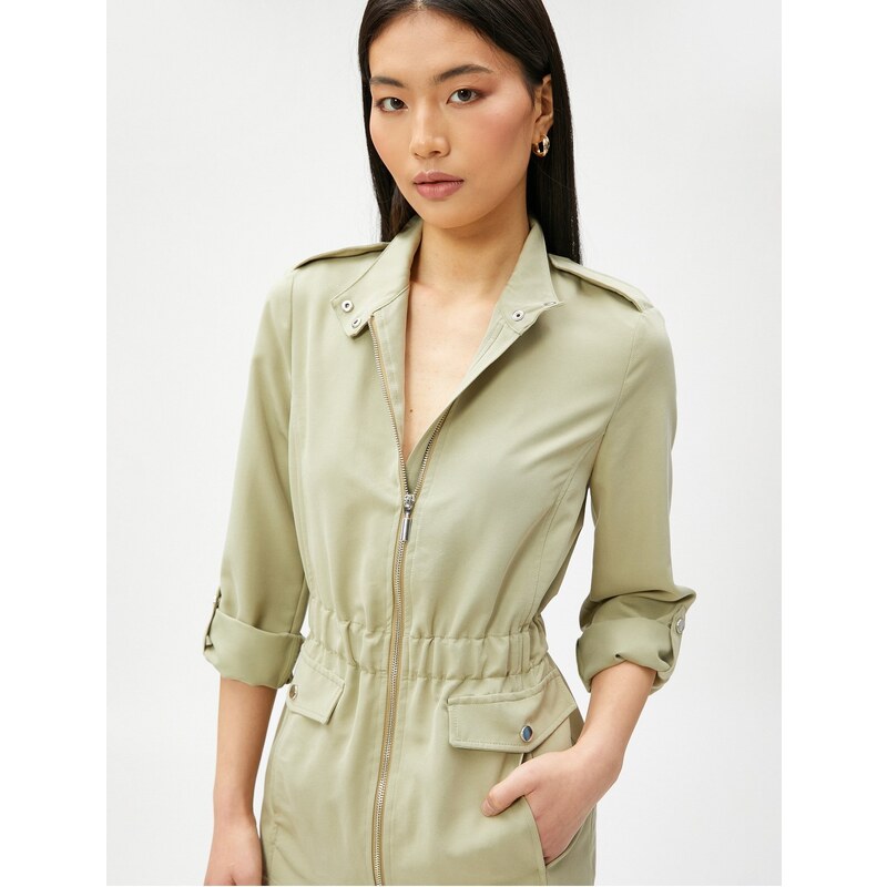 Koton Zippered Trench Coat with Pockets and Fold Over the Sleeves