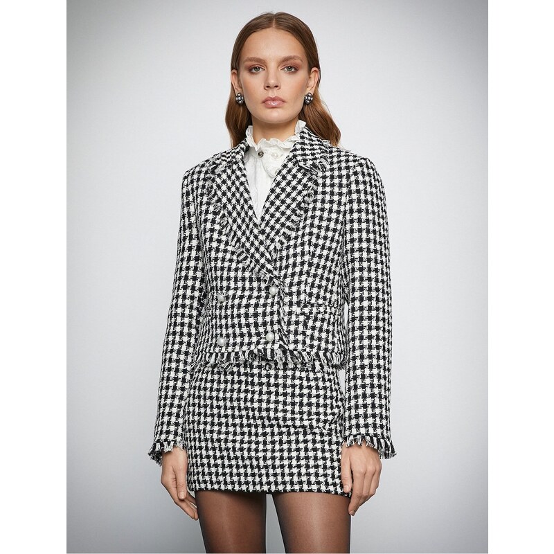 Koton Melis Ağazat X - Double Breasted Tweed Blazer with Pearl Buttons