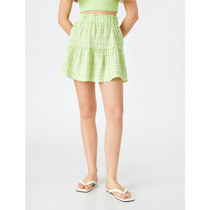 Koton Checkered Mini Skirt with Frilled Elastic Waist.