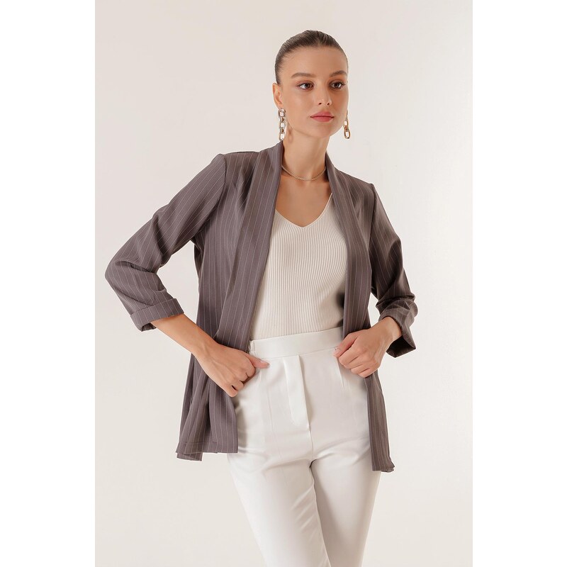 By Saygı Shawl Collar Length Lycra Double Sleeves Thin Striped Fabric Jacket