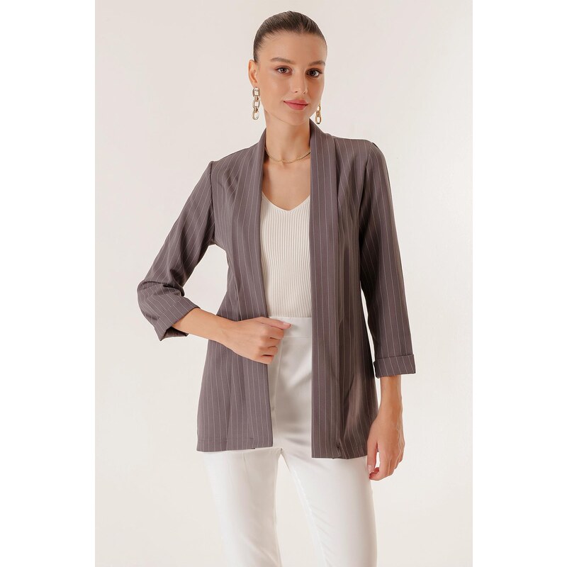 By Saygı Shawl Collar Length Lycra Double Sleeves Thin Striped Fabric Jacket