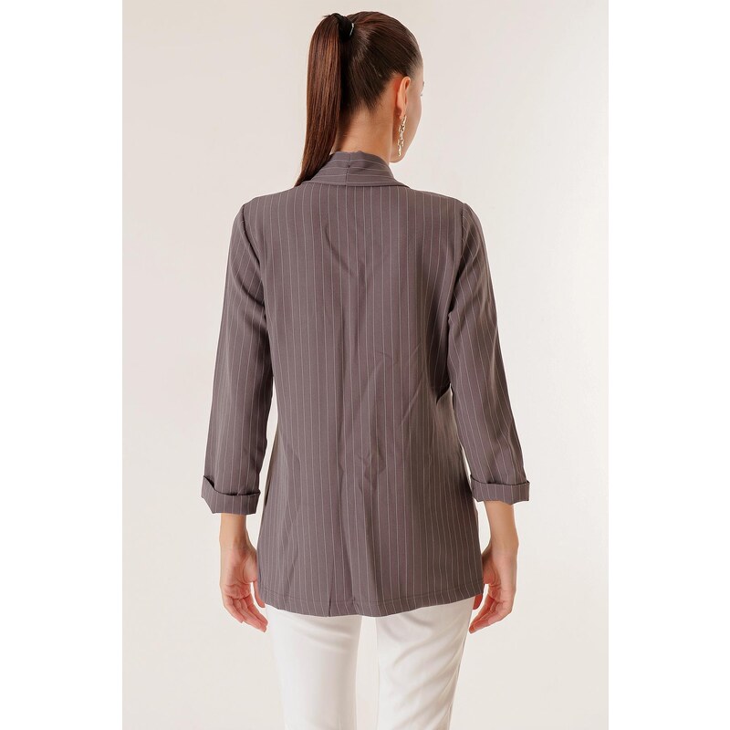 By Saygı Shawl Collar Length Lycra Double Sleeves Thin Striped Fabric Jacket