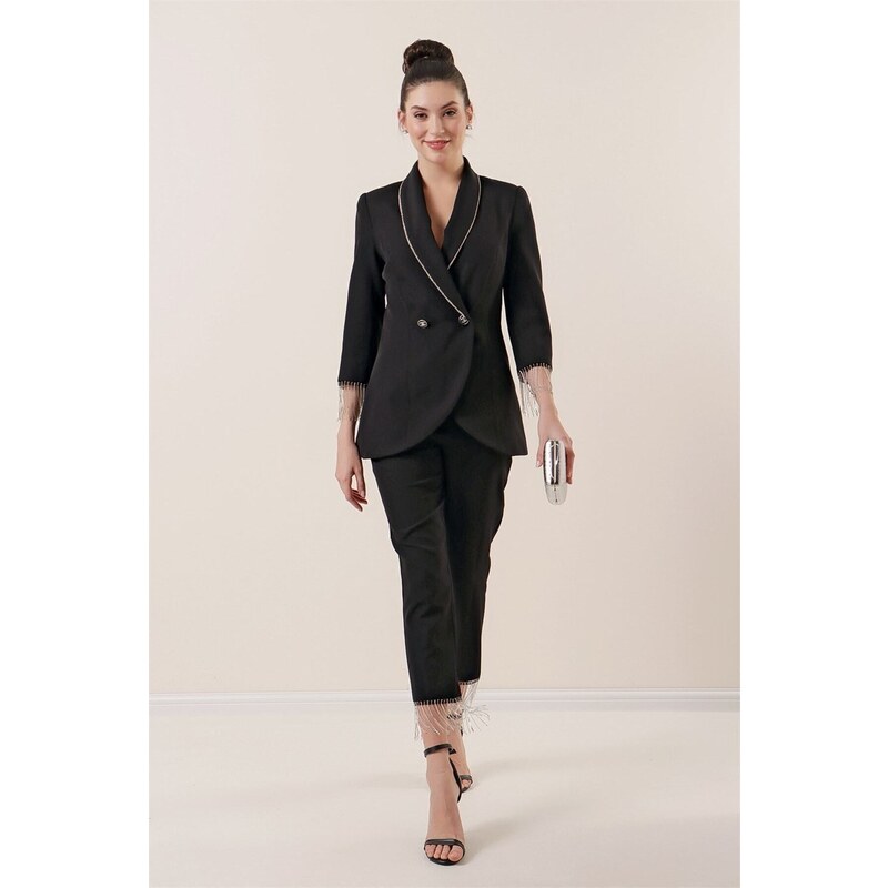 By Saygı Collar And Sleeve Ends Stone Chain Detail Lined Jacket Pocket Trousers 2-Piece