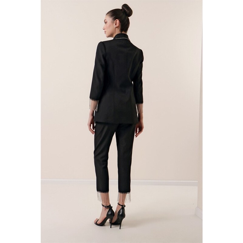 By Saygı Collar And Sleeve Ends Stone Chain Detail Lined Jacket Pocket Trousers 2-Piece