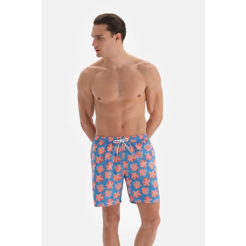 Dagi Blue-salmon Coral Pattern Mid Sea Shorts