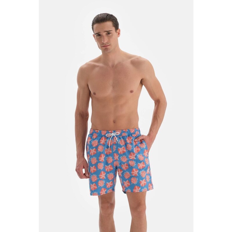 Dagi Blue-salmon Coral Pattern Mid Sea Shorts