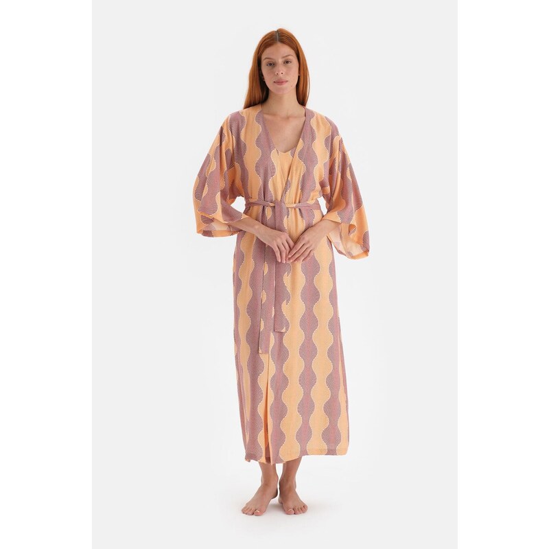 Dagi Yellow Patterned Silvery Satin Dressing Gown