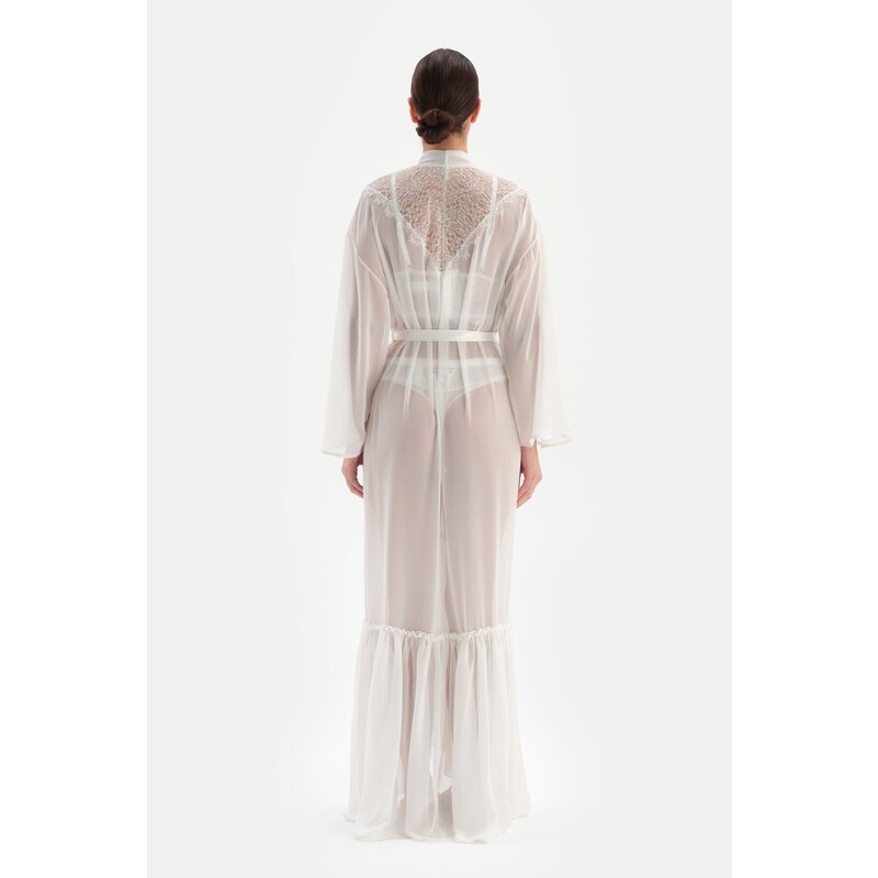 Dagi White Bride Lace Detailed Chiffon Dressing Gown