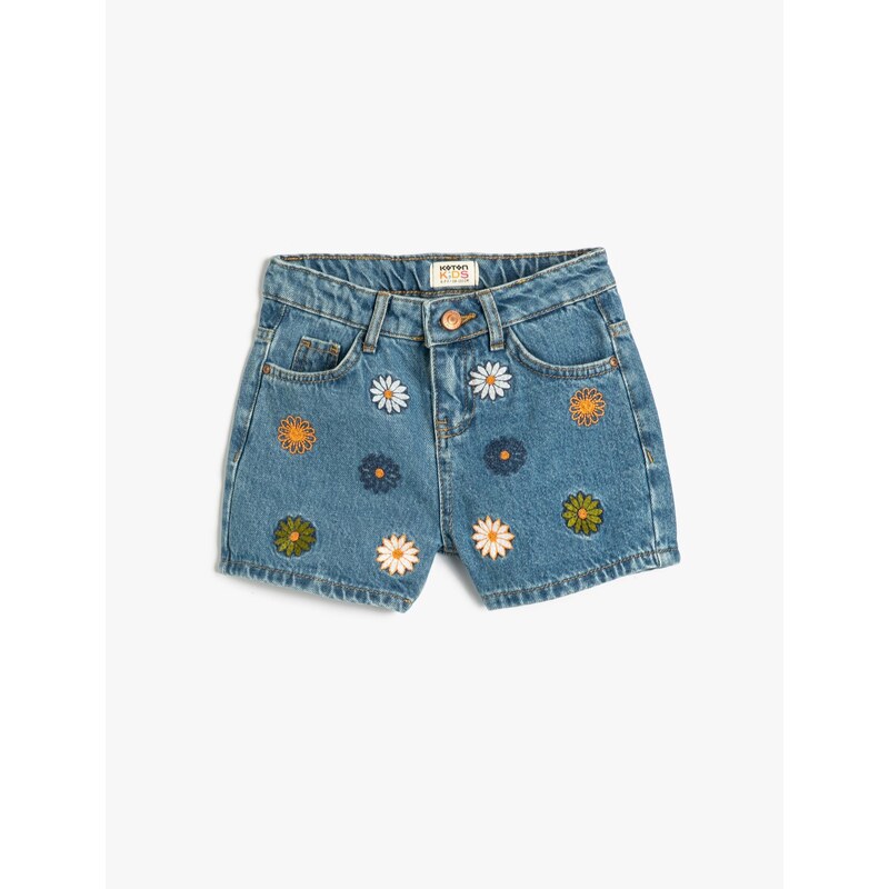 Koton Denim Shorts With Daisy Embroidered Detail Cotton.