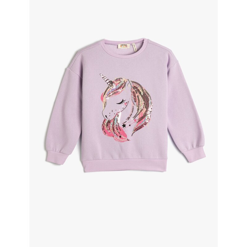 Koton Unicorn Sweatshirt with Sequins Embroidered Shark Crew Neck.