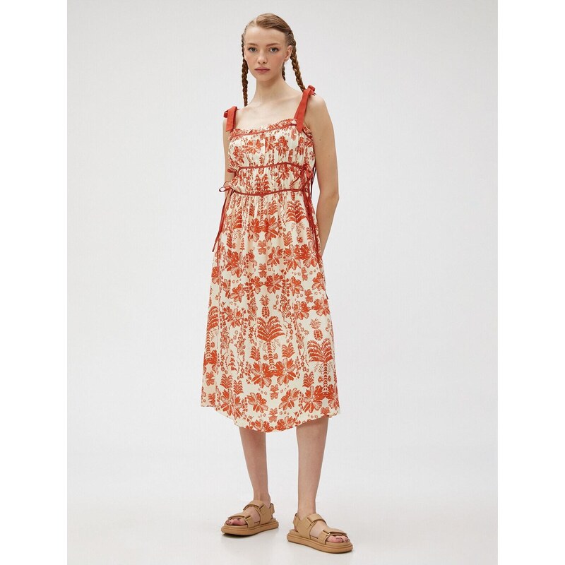 Koton Floral Midi Dress with Straps and Bow Detail Pleated Tie Viscose