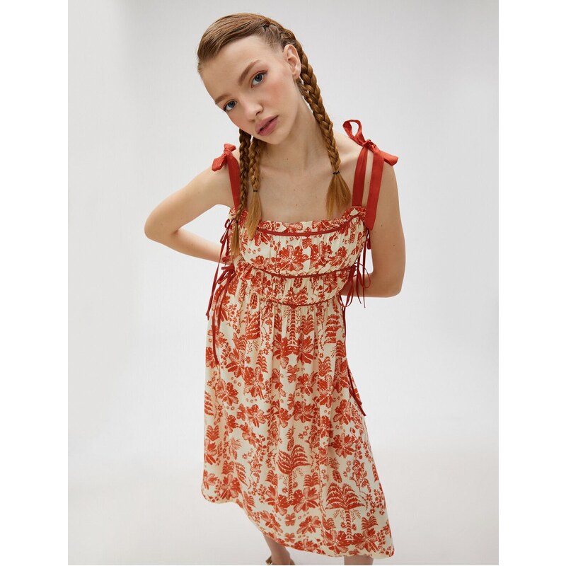 Koton Floral Midi Dress with Straps and Bow Detail Pleated Tie Viscose