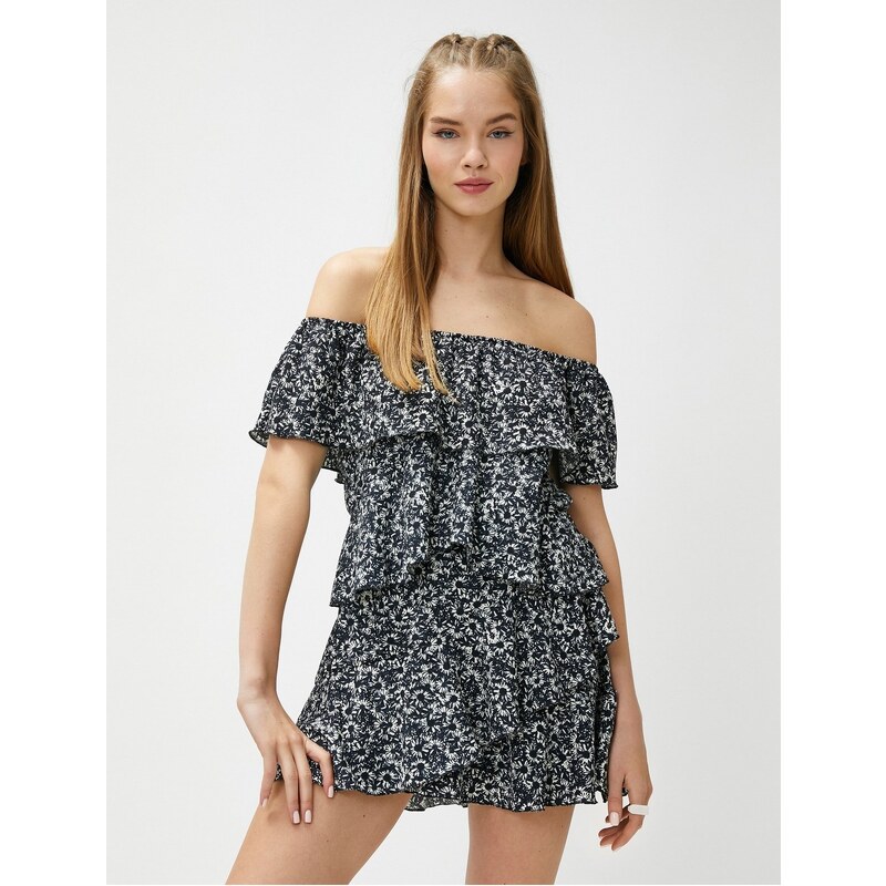 Koton Floral Mini Jumpsuit With Off-Shoulder Ruffles With Frills