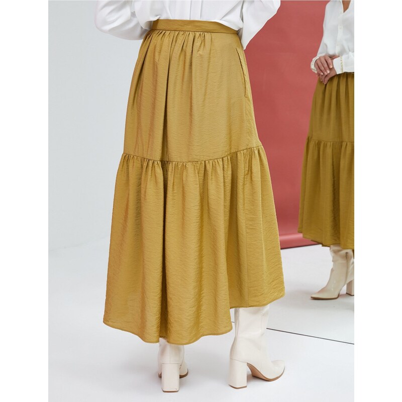 Koton Midi Skirt with Ruffles, Textured Asymmetrical Cut