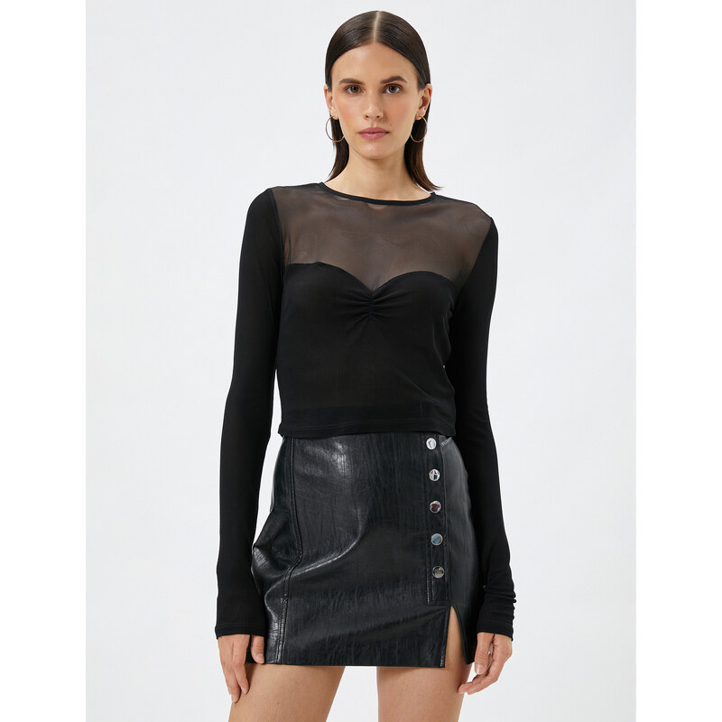 Koton Long Sleeved T-Shirt with Crop Tulle Detailed Crew Neck Viscose.