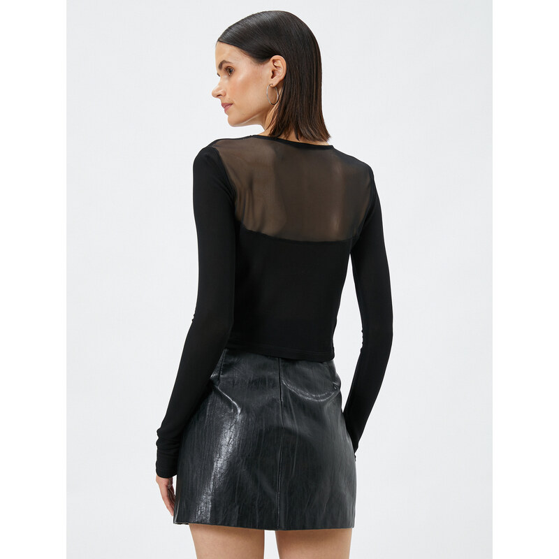 Koton Long Sleeved T-Shirt with Crop Tulle Detailed Crew Neck Viscose.