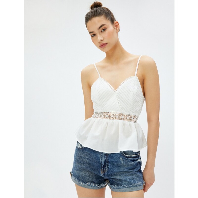 Koton Strapless Blouse V-Neck Lace Detail Ruffled Ribbed