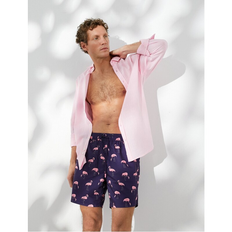 Koton Marine Shorts with Flamingo Print. A drawstring waist with pocket.