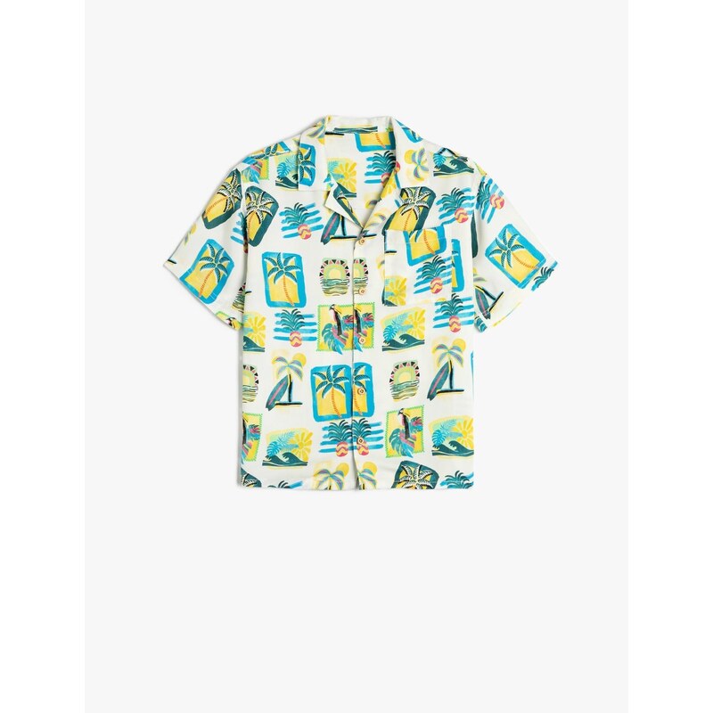 Koton Oversized Shirt with Short Sleeves, One Pocket Detailed, Printed