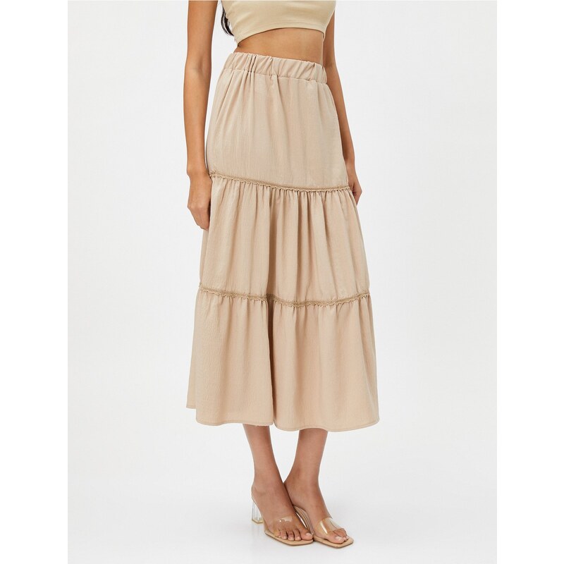 Koton Midi Skirt Layered Ribbon Scallop Detail Elastic Waist