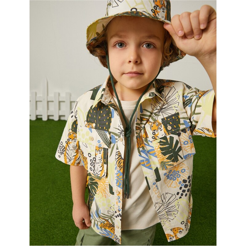 Koton Safari Shirt with Short Sleeves, Capped Pockets, Tiger Print Cotton