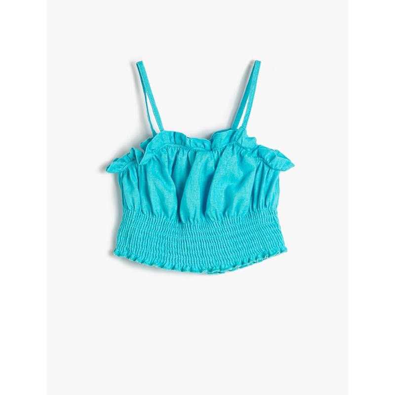 Koton Linen Crop Blouse With Straps, Frilled Gipe Detailed.