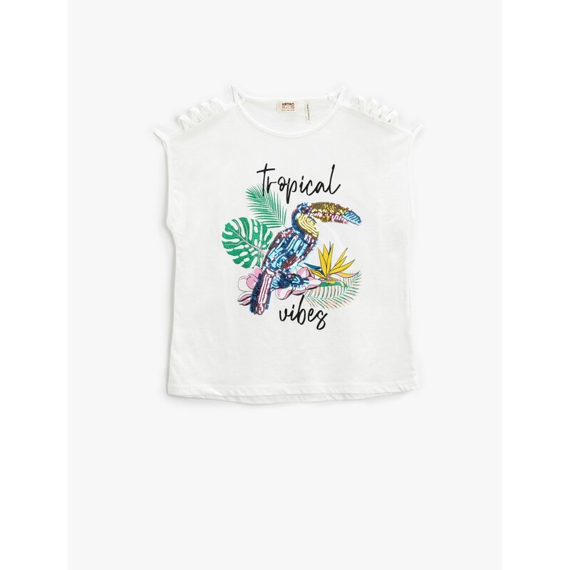 Koton Parrot Stamp Sequin Embroidered T-Shirt Window Detail Sleeveless