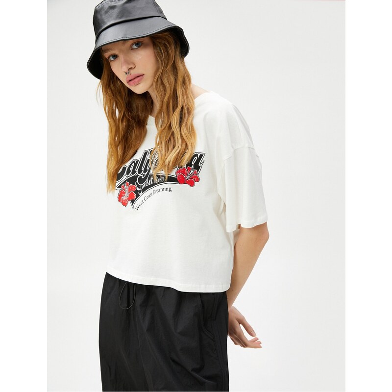 Koton Crop T-Shirt Printed Crew Neck Short Sleeve Cotton