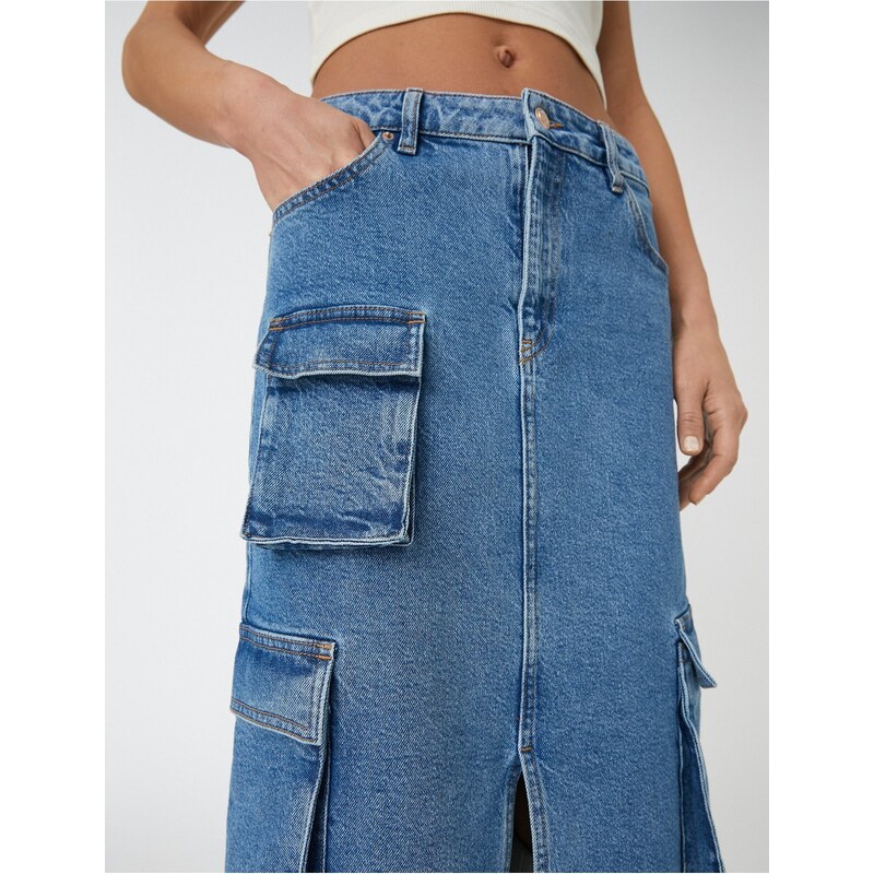 Koton Midi Jeans Cargo Skirt with a Slit Pocket Detail, Normal Waist.