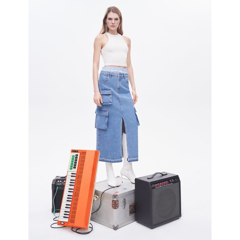 Koton Midi Jeans Cargo Skirt with a Slit Pocket Detail, Normal Waist.