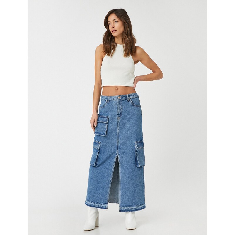 Koton Midi Jeans Cargo Skirt with a Slit Pocket Detail, Normal Waist.