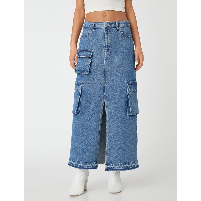 Koton Midi Jeans Cargo Skirt with a Slit Pocket Detail, Normal Waist.